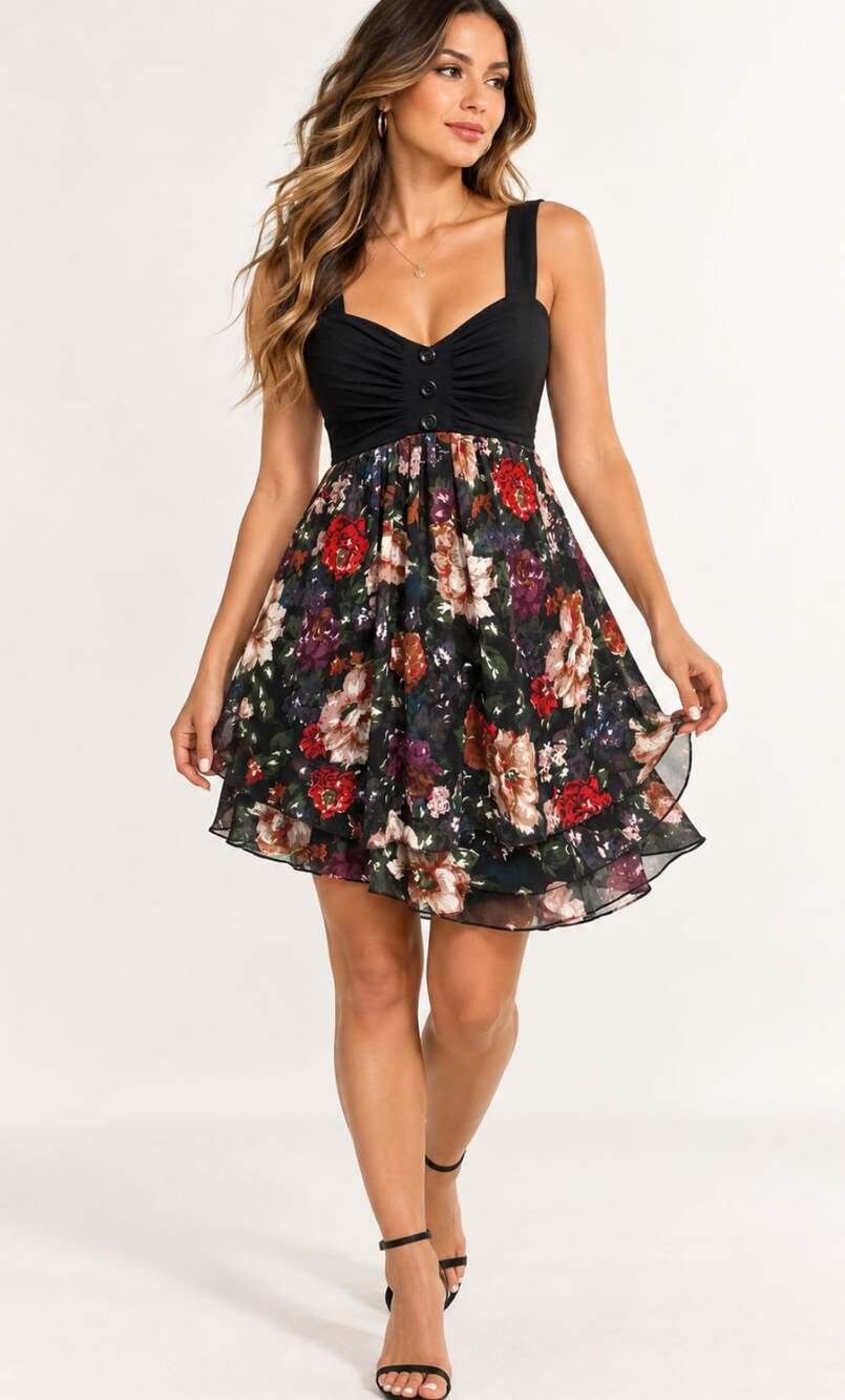 America Rag Floral Print Dress Size M Black Top Mini Skater Dress